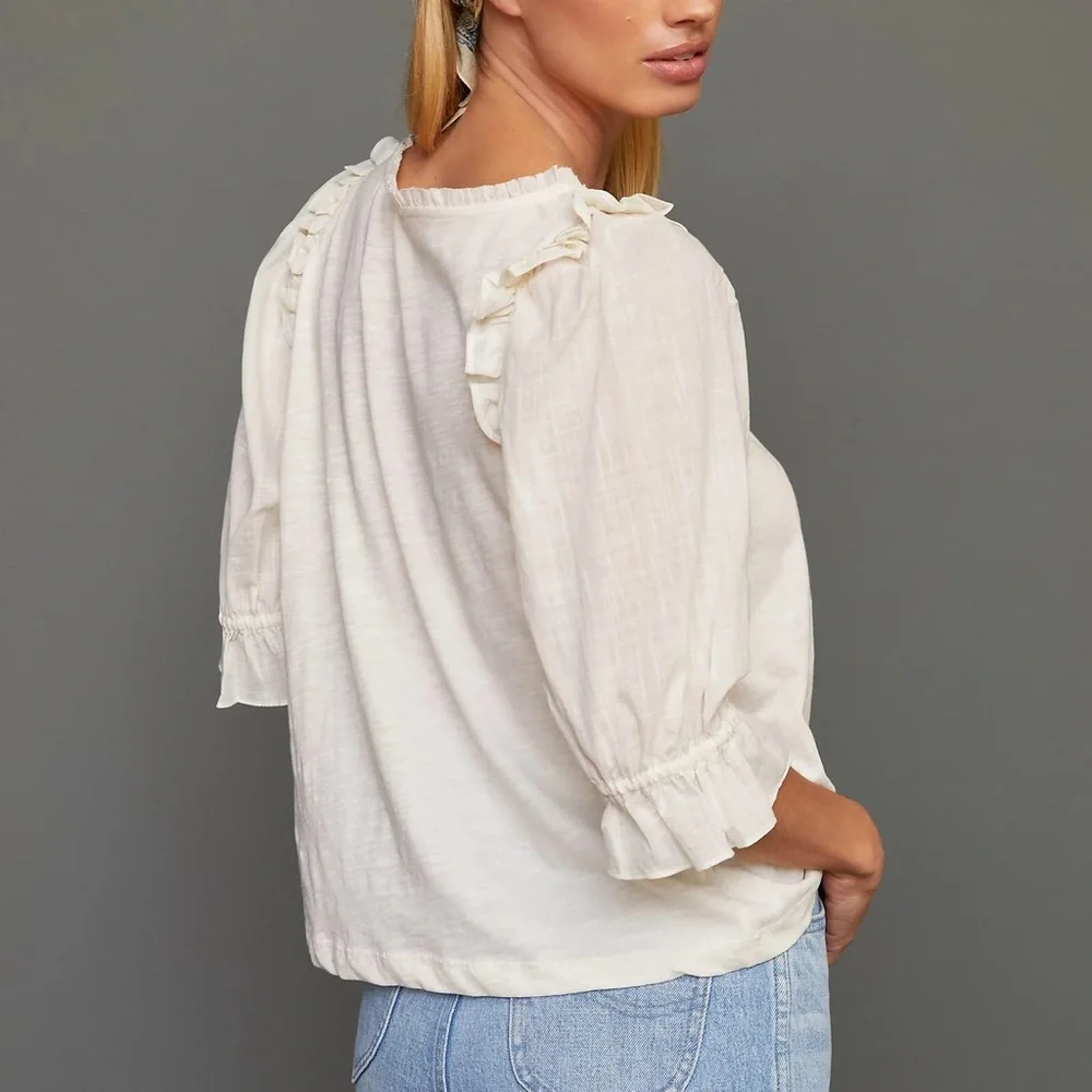 NWT By Anthropologie Smocked Puff-Sleeve Knit Top in Ivory Size XS